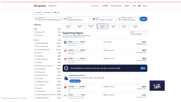 Expedia flight search results page showing departing flights from New York to London with fares, airlines, travel times, filters, and One Key rewards options.