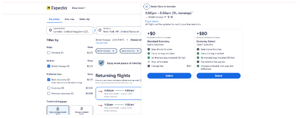 Expedia flight fare selection page showing Standard Economy and Economy Select options for a British Airways flight from New York to London