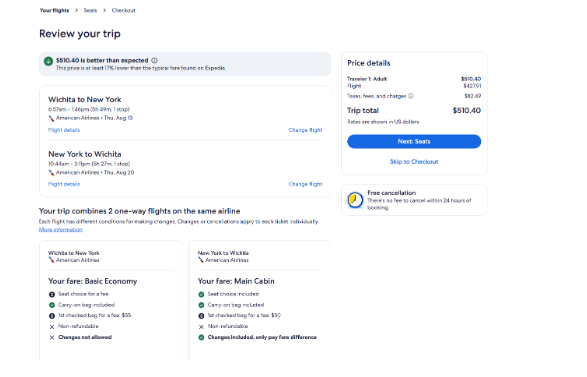 Expedia flight checkout page showing a round-trip American Airlines itinerary from Wichita to New York, fare details, trip price, and free cancellation option.