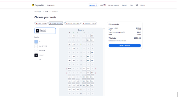Expedia flight seat selection page showing an economy cabin seat map, available and paid seats, traveler selection, and trip price details.