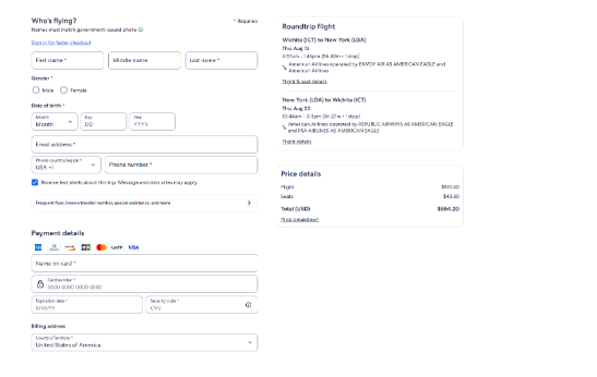 Expedia flight checkout page showing traveler information, payment details, a round-trip Wichita to New York itinerary, and the final trip price.