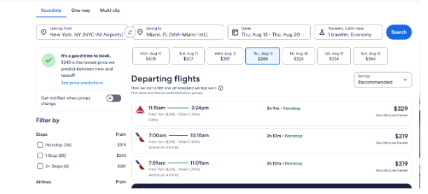 Expedia flight results page showing nonstop round-trip flights from New York to Miami with fares, travel dates, airline options, and filtering tools.