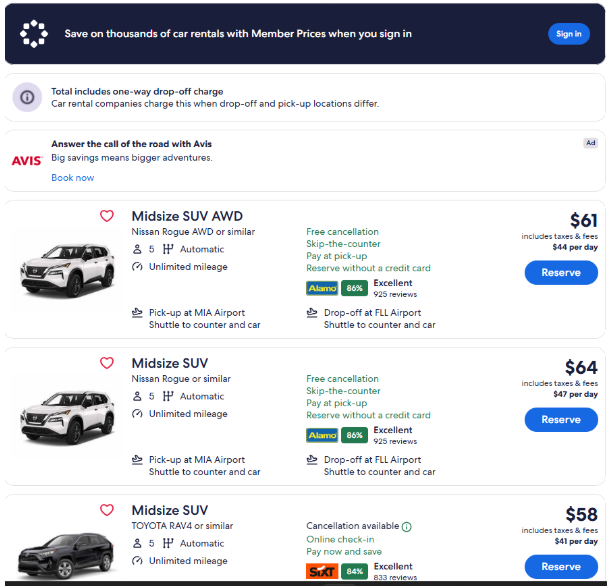 Expedia car rental results page showing midsize SUV options, daily prices, free cancellation, airport pickup and drop-off details, and customer ratings. 