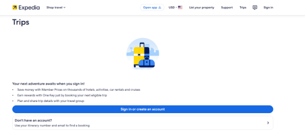 Trips page prompting travelers to sign in or create an account to manage bookings, earn One Key rewards, and organize trip details.