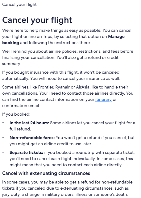 Expedia cancel flight help page explaining how to cancel a booking, review airline policies, request refunds, and handle nonrefundable or separate tickets. 