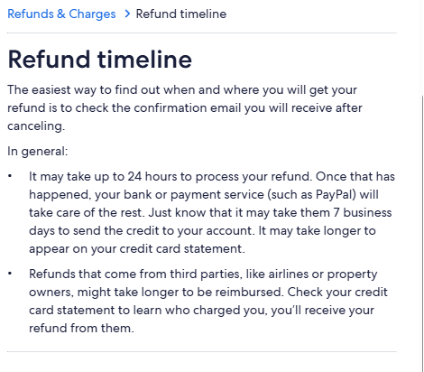 Expedia refund timeline page explaining flight refund processing times, bank delays, and reimbursements from airlines or other third parties.