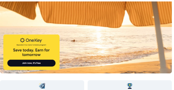 Expedia One Key rewards banner on a beach background promoting free membership, travel savings, and rewards for future bookings.