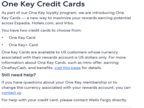 Expedia One Key credit cards page explaining One Key Card options, OneKeyCash earning potential, eligibility for U.S. customers, and support information.