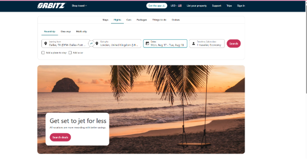 Orbitz flight search page showing round-trip fare options from Dallas to London with a beach travel deals banner.