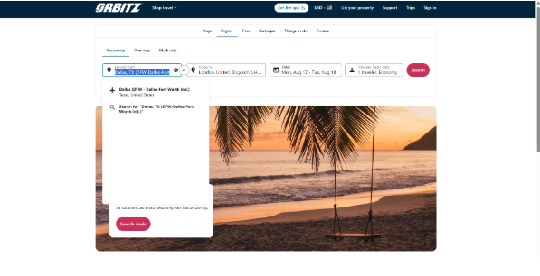 Orbitz flight search page showing the London airport selection dropdown for a round-trip flight search from Dallas.