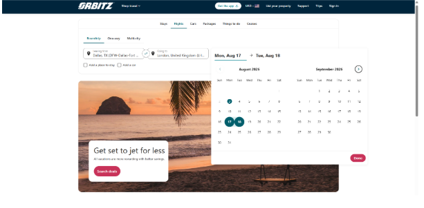Orbitz flight search page showing the departure and return date calendar for a round-trip flight from Dallas to London.
