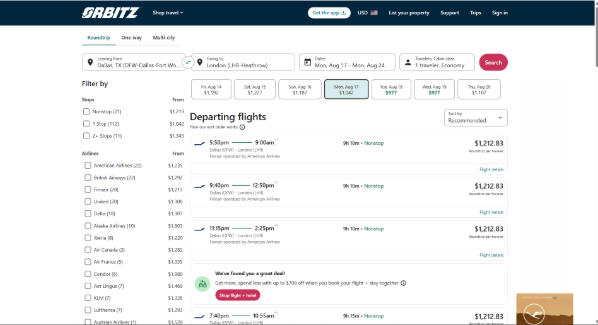 Orbitz departing flights results page showing London-to-London itinerary options, airline filters, flight times, nonstop routes, and ticket prices.