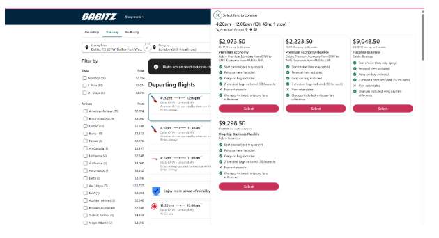 Orbitz flight fare selection screen showing economy ticket options, prices, baggage rules, cancellation terms, and seat-selection benefits.