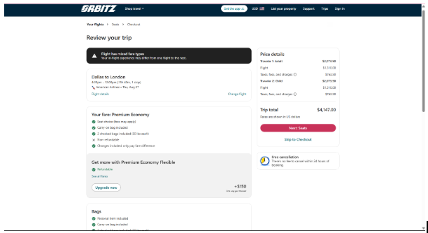 Orbitz trip review page showing a Dallas-to-London flight, Premium Economy fare benefits, baggage details, price breakdown, and checkout options.