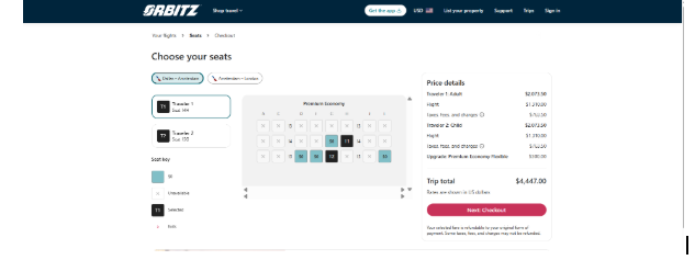 Orbitz seat selection page showing a Premium Economy cabin map, traveler seat assignments, price details, and trip checkout total.