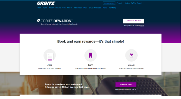 Orbitz Rewards page explaining how travelers can join, earn rewards on bookings, and unlock member travel benefits.