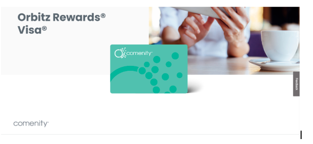 Orbitz Rewards Visa credit card by Comenity displayed beside a traveler using a smartphone at a café.
