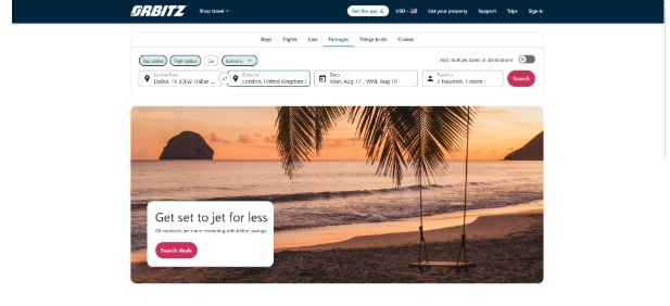 Orbitz vacation package search page showing flight and hotel options from Dallas to London with traveler and date filters.