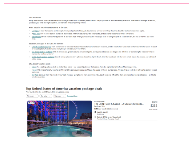 Orbitz USA vacation packages page showing destination guides and a Las Vegas hotel and casino package deal.