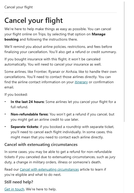 Orbitz flight cancellation policy page explaining online cancellation steps, refunds, airline credits, non-refundable fares, separate tickets, and special circumstances.