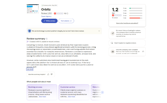 Orbitz Trustpilot review page showing a 1.2-star rating, customer feedback summary, and common complaints about booking issues and customer service.