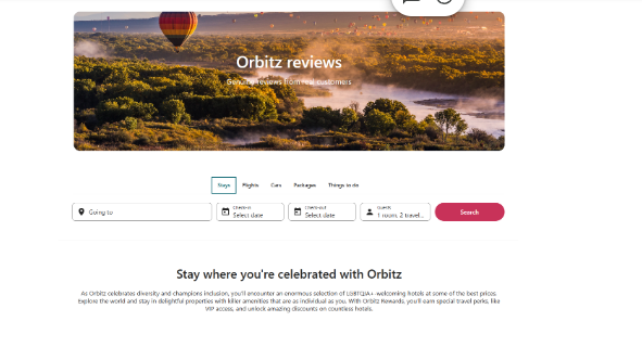 Orbitz customer reviews page featuring a travel search form, scenic hot-air balloon banner, and hotel booking information. 