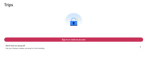 Orbitz Trips page prompting travelers to sign in, create an account, or find a booking using an itinerary number and email address.