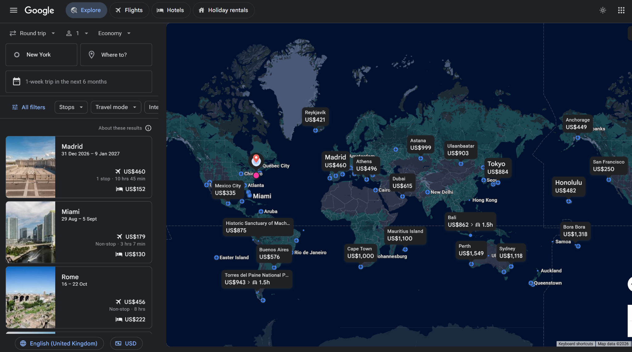 google flights explore destinations