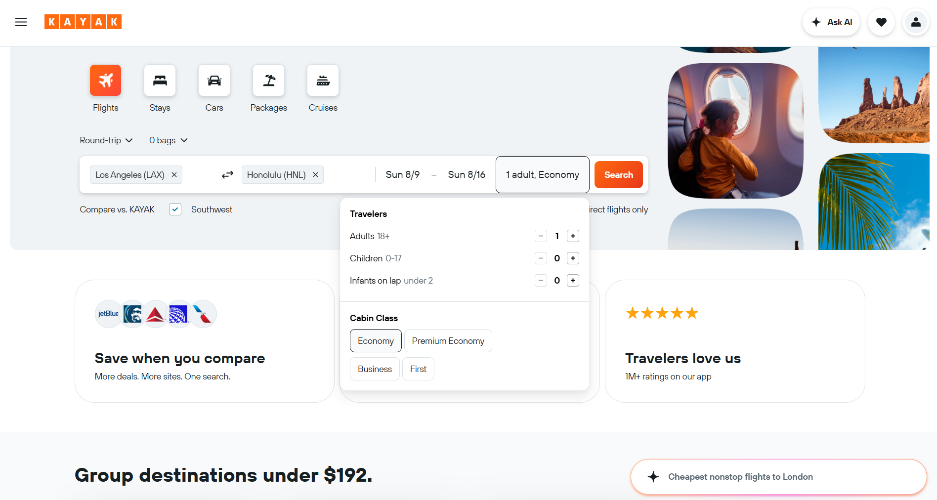 kayak flights passenger selection