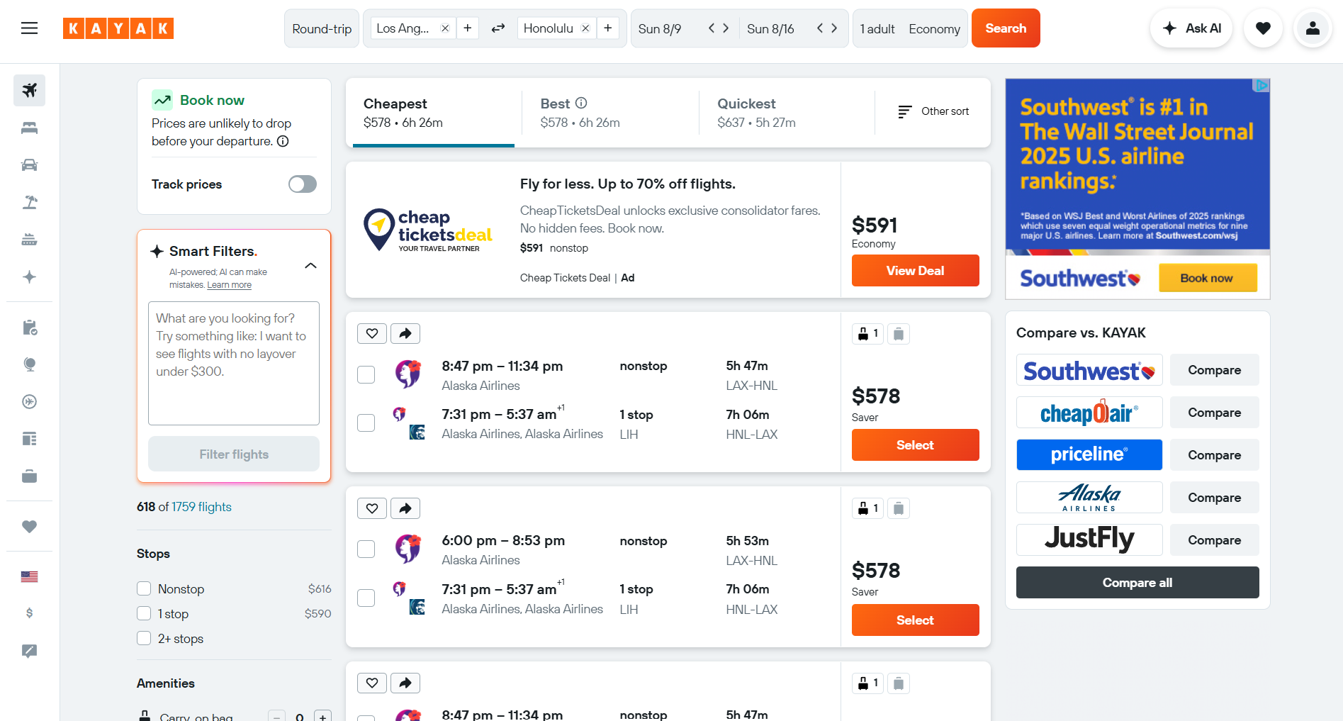 cheapest kayak flights