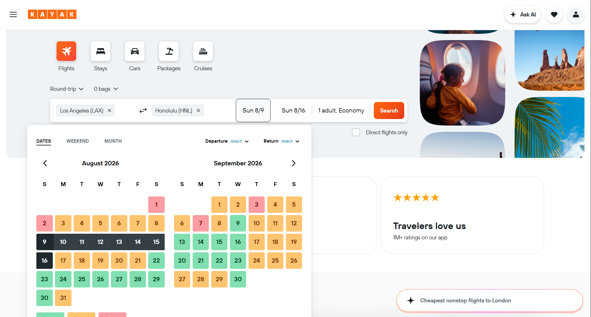kayak flights calendar