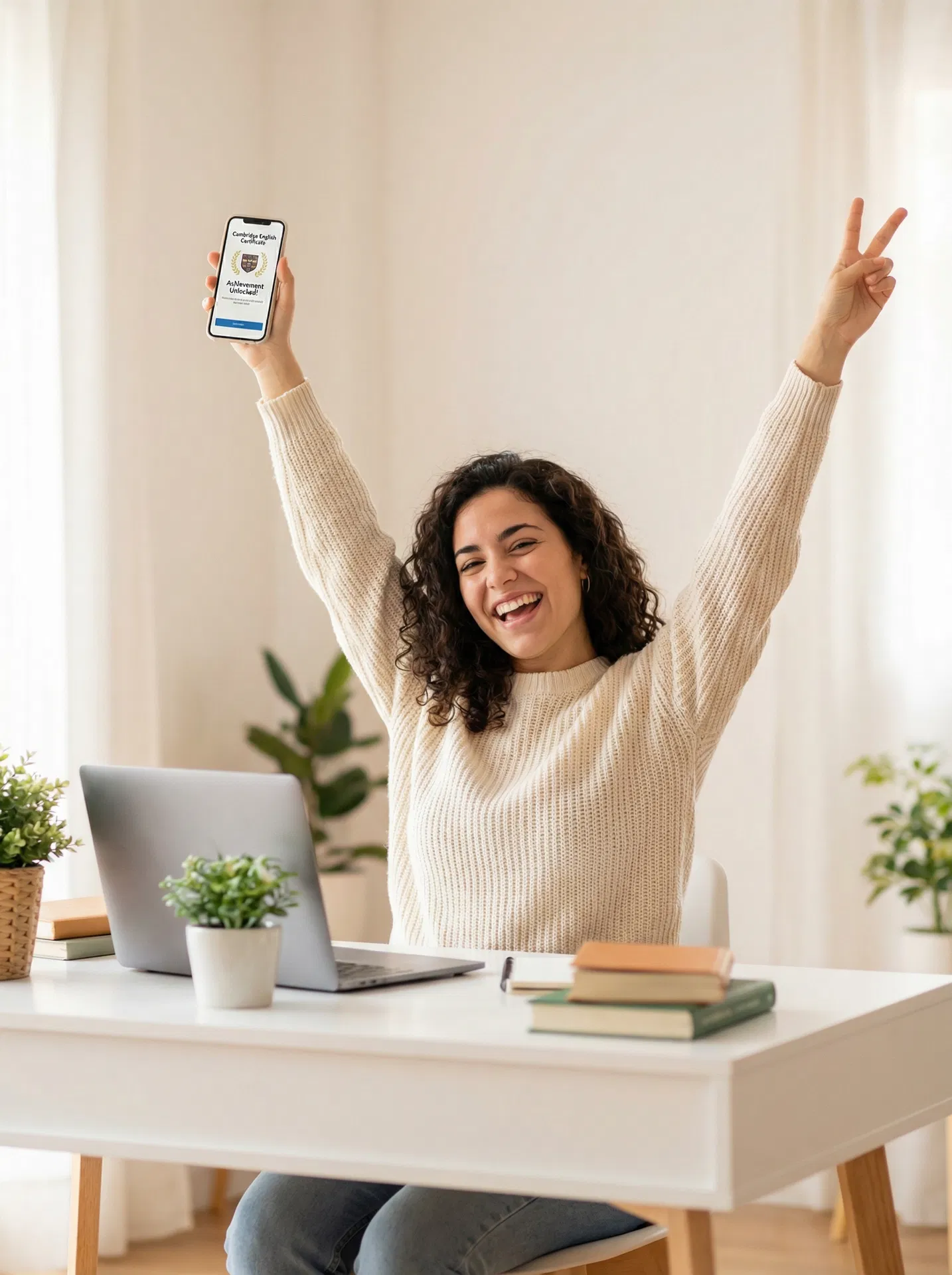 Estudiante celebrando su aprobado de Cambridge con Langoo