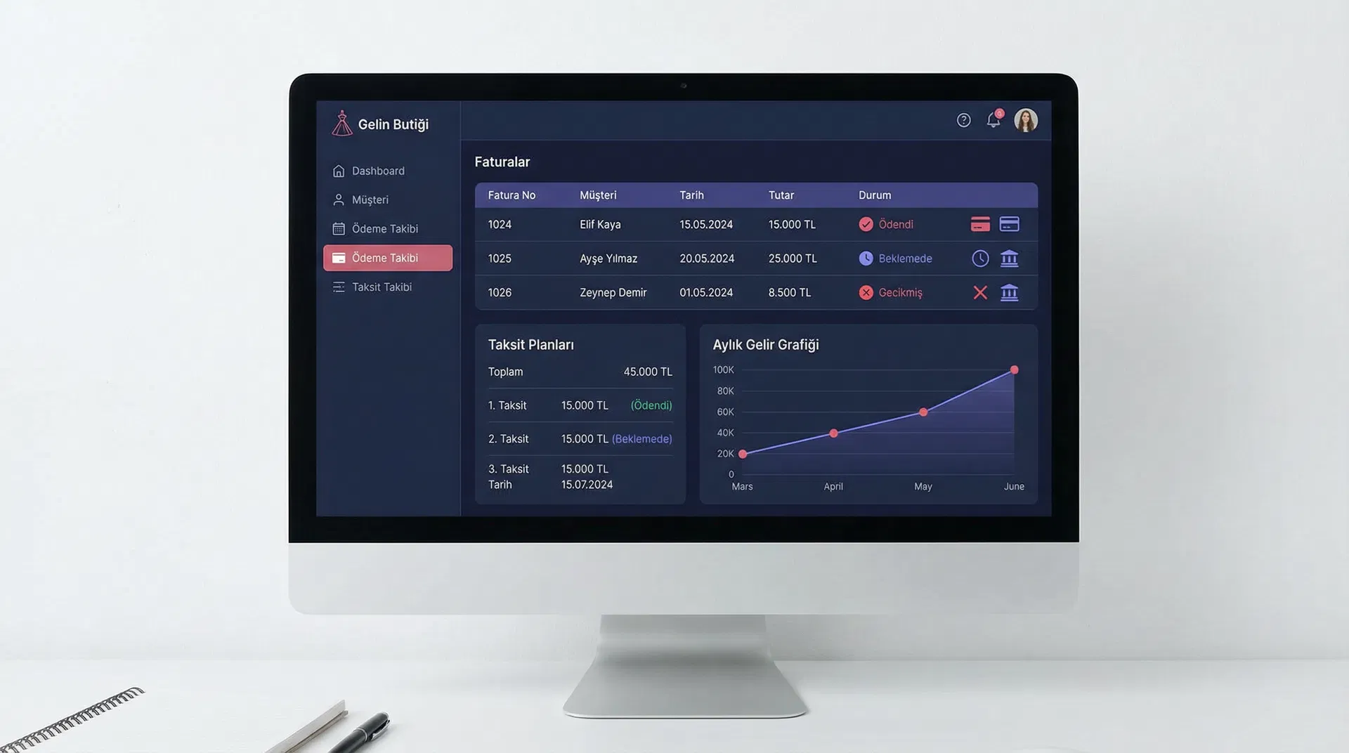 Kapora, taksit, bakiye — her kuruş takipte.