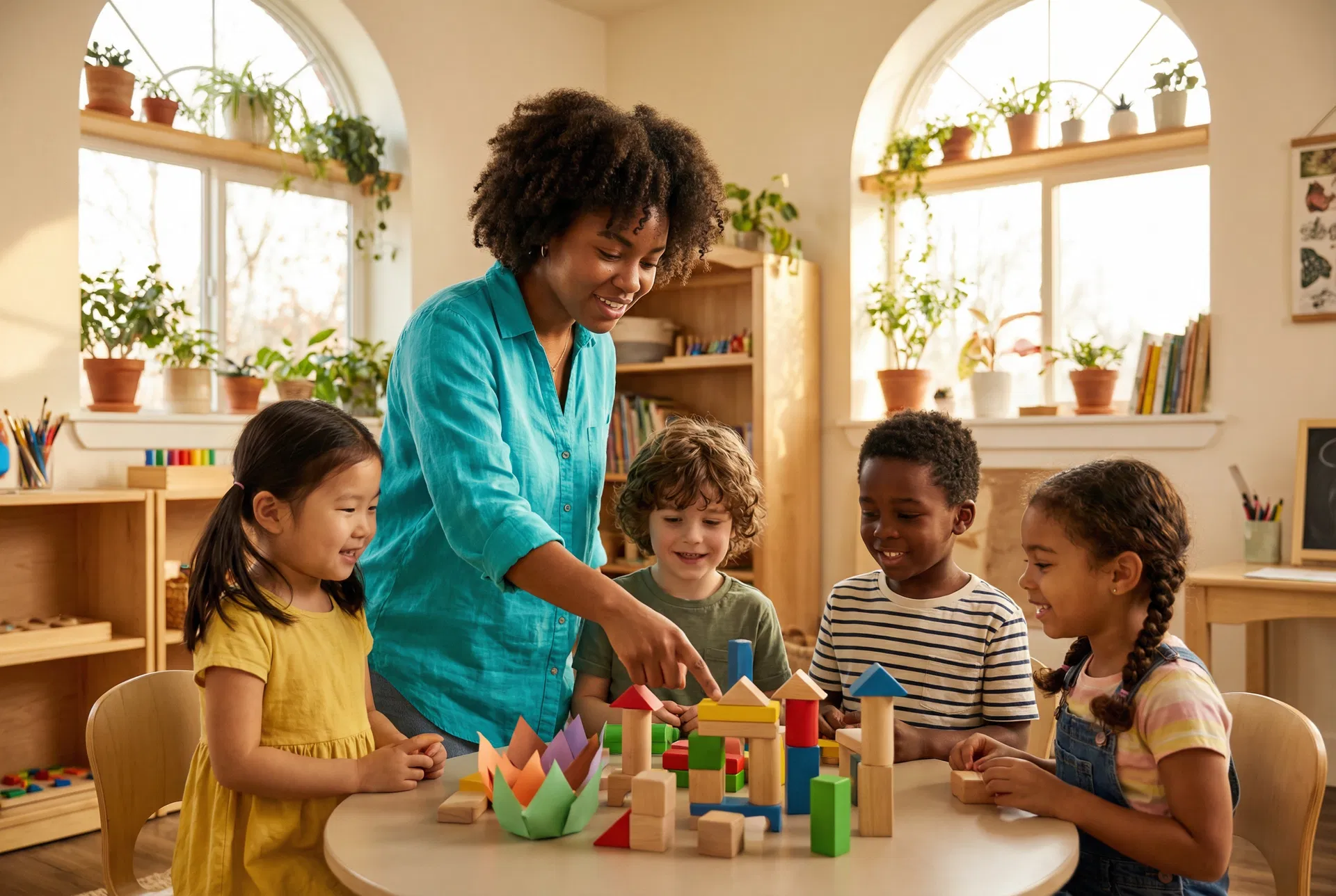 African female instructor leading a small group of children