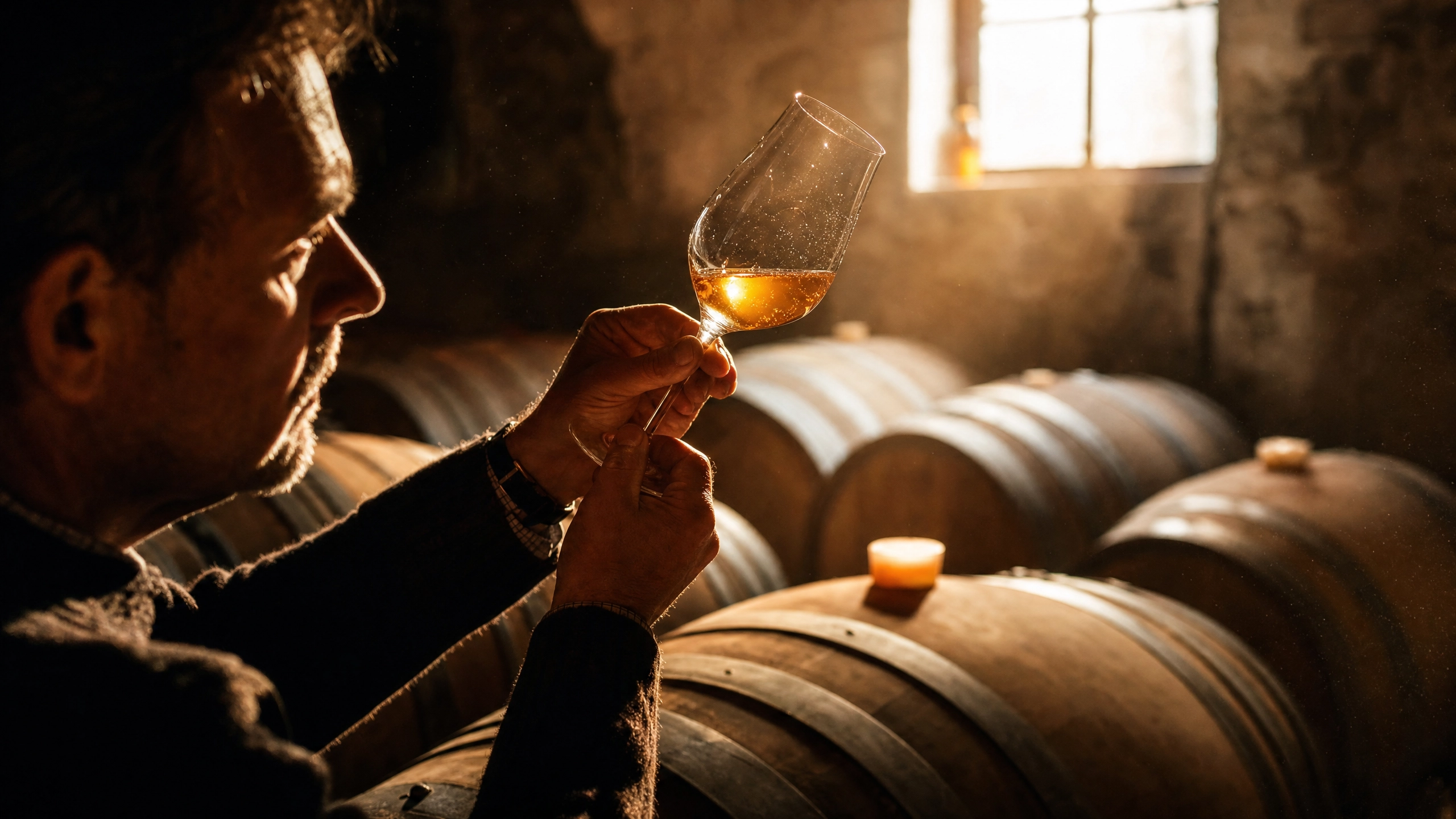 Winemaker examining a glass of wine in a barrel cellar — WinePlanet Consulting