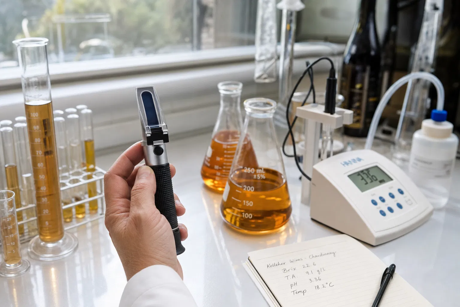 Laboratory analysis with refractometer and testing equipment