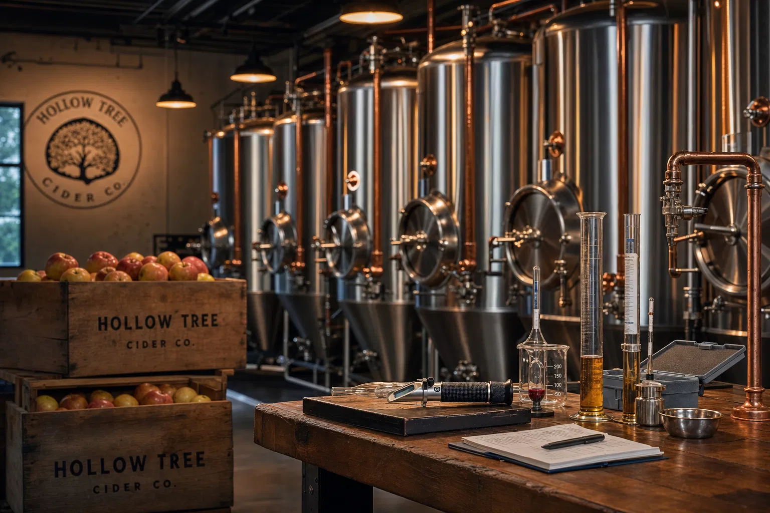 Modern cider production facility with stainless steel tanks and lab equipment