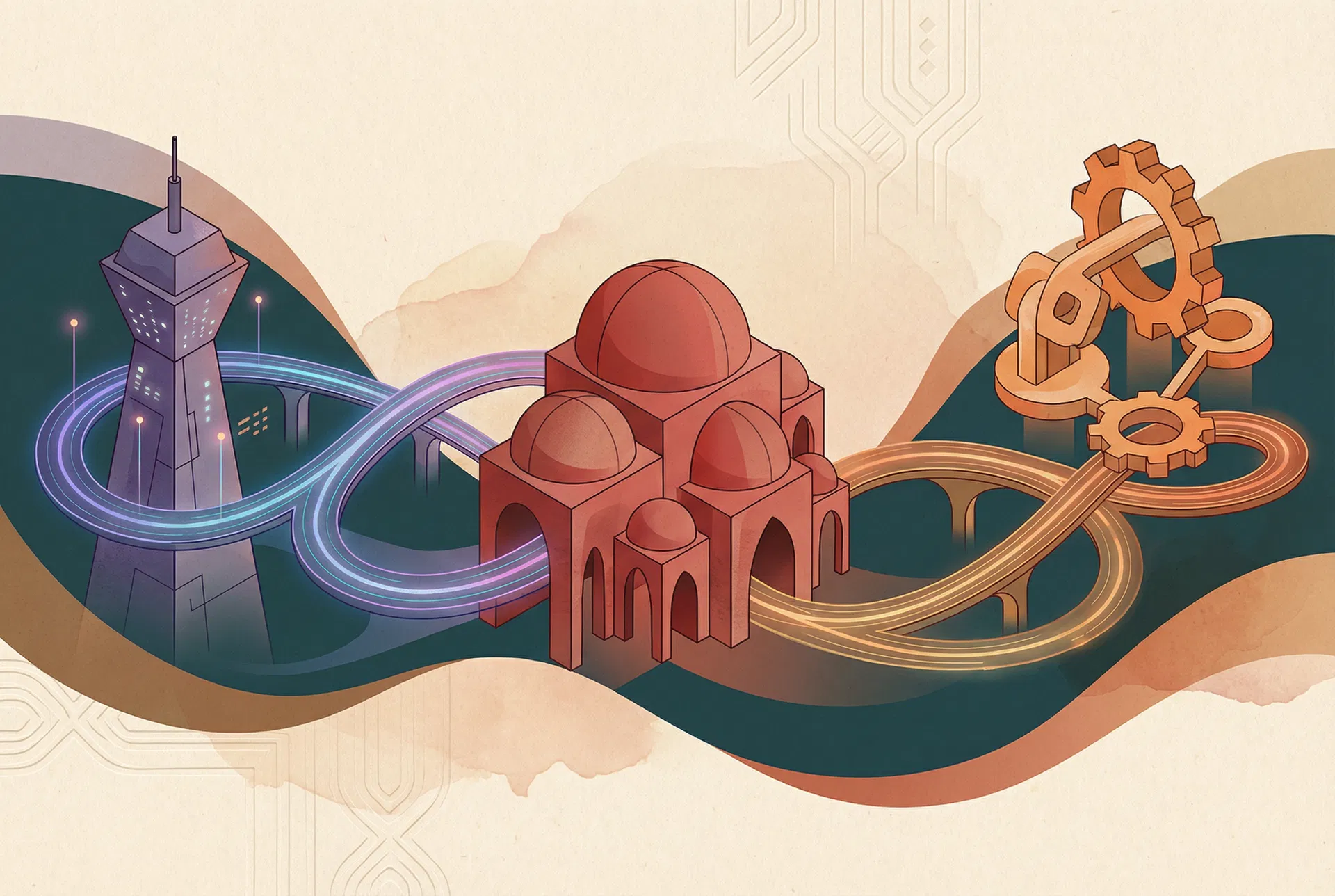 Three interconnected platforms representing GitHub, Gitee, and GitLab