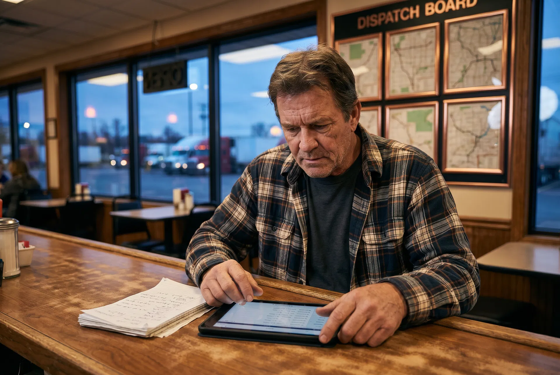 Driver reviewing a tablet and notes in a truck stop setting