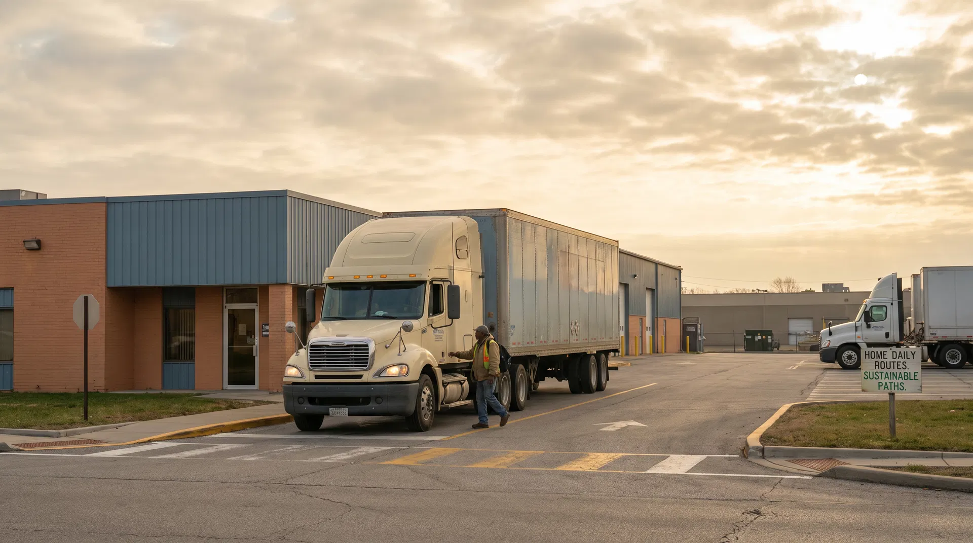 Regional truck route arriving at a distribution center in warm evening light