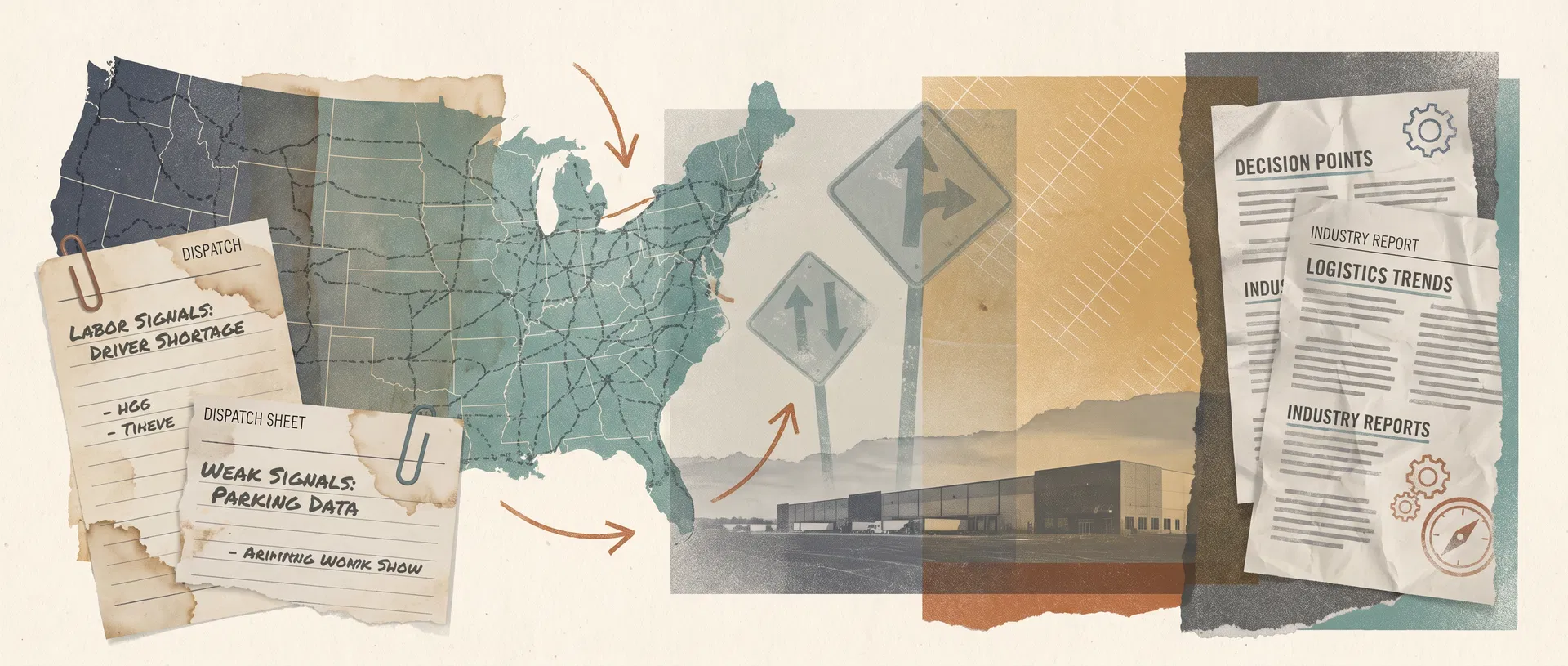 Editorial collage of route maps, dispatch sheets, and labor signals