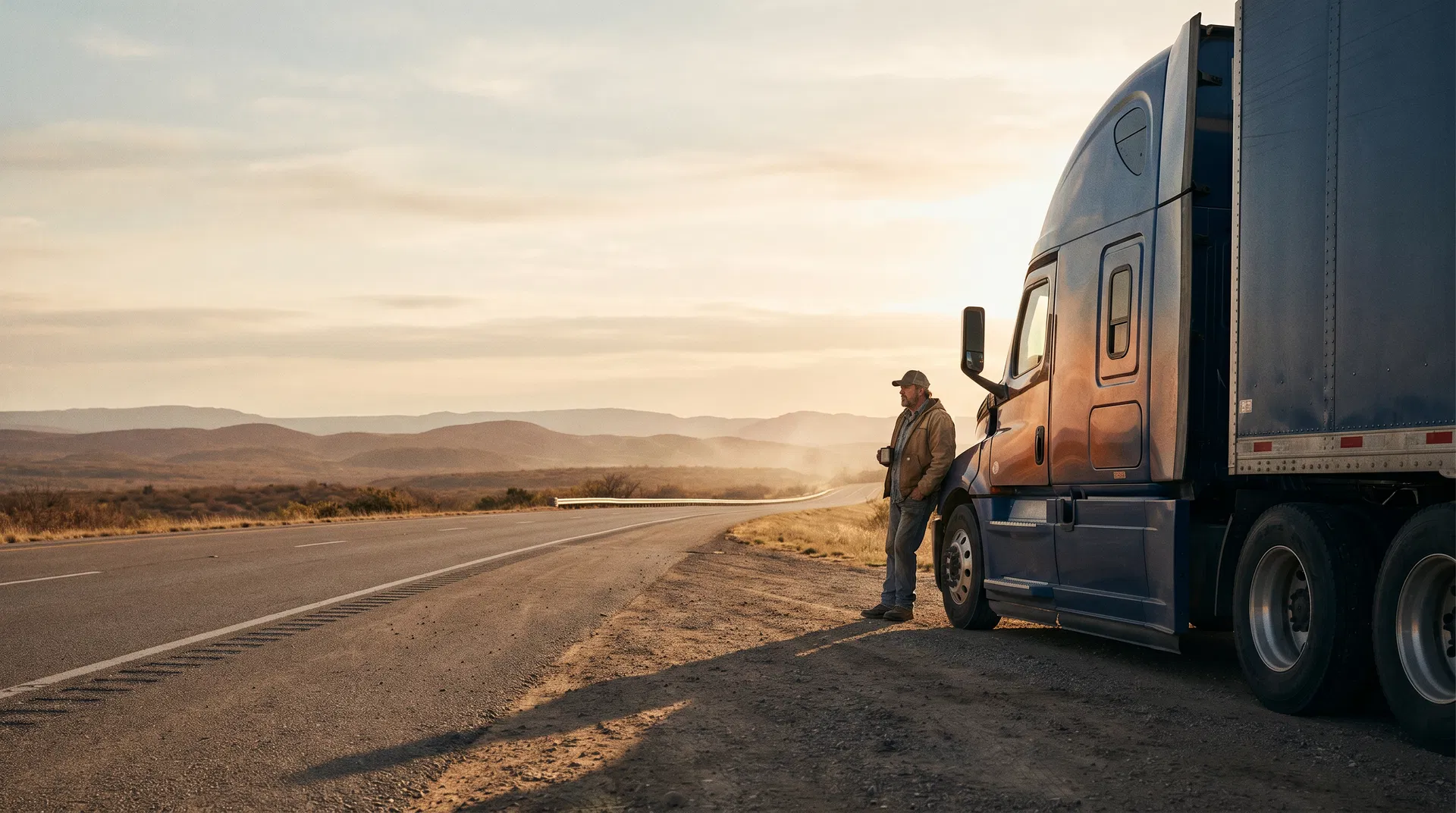Truck driver at dawn beside a long-haul truck on an open road