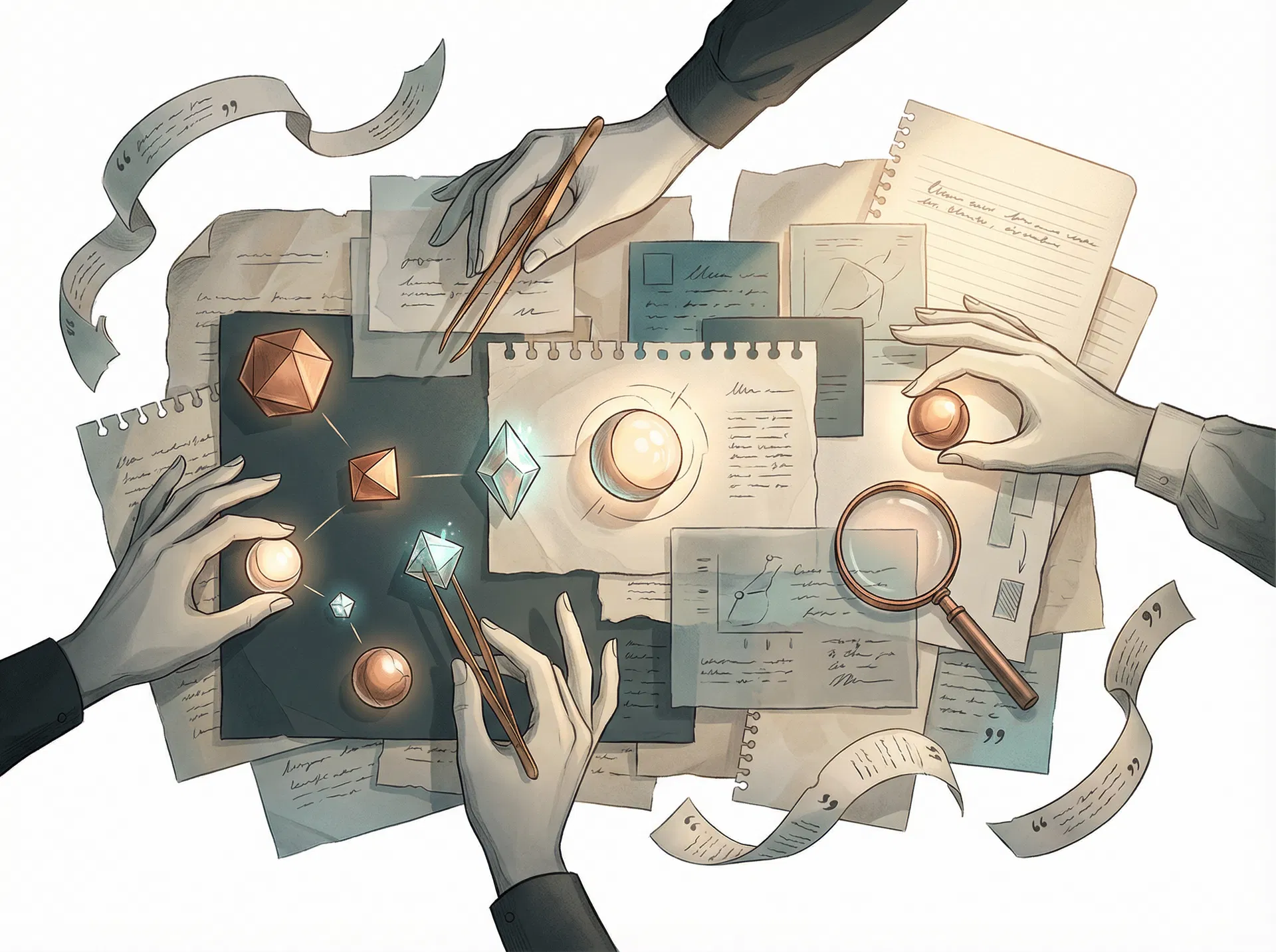 Illustrated strategic insight objects being curated from notes