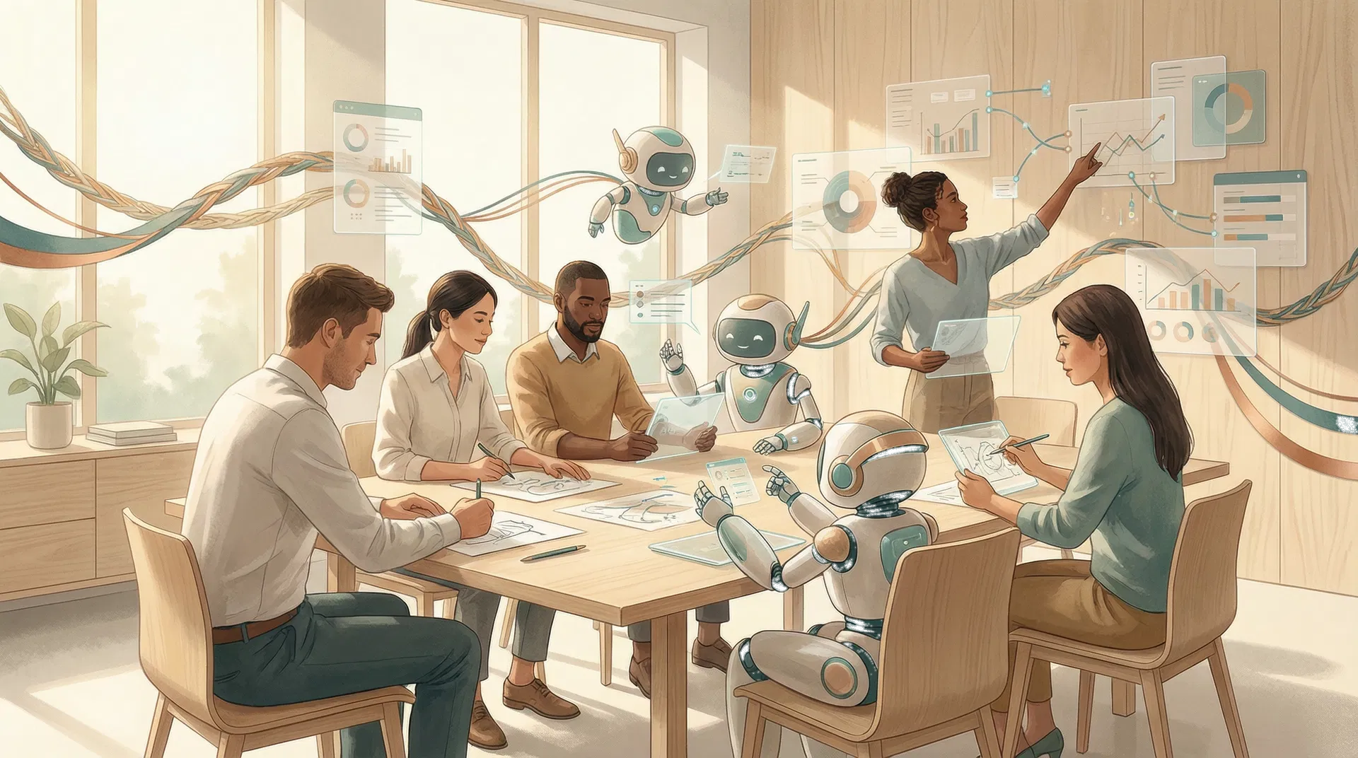 Leadership workshop with subtle AI overlays in the room