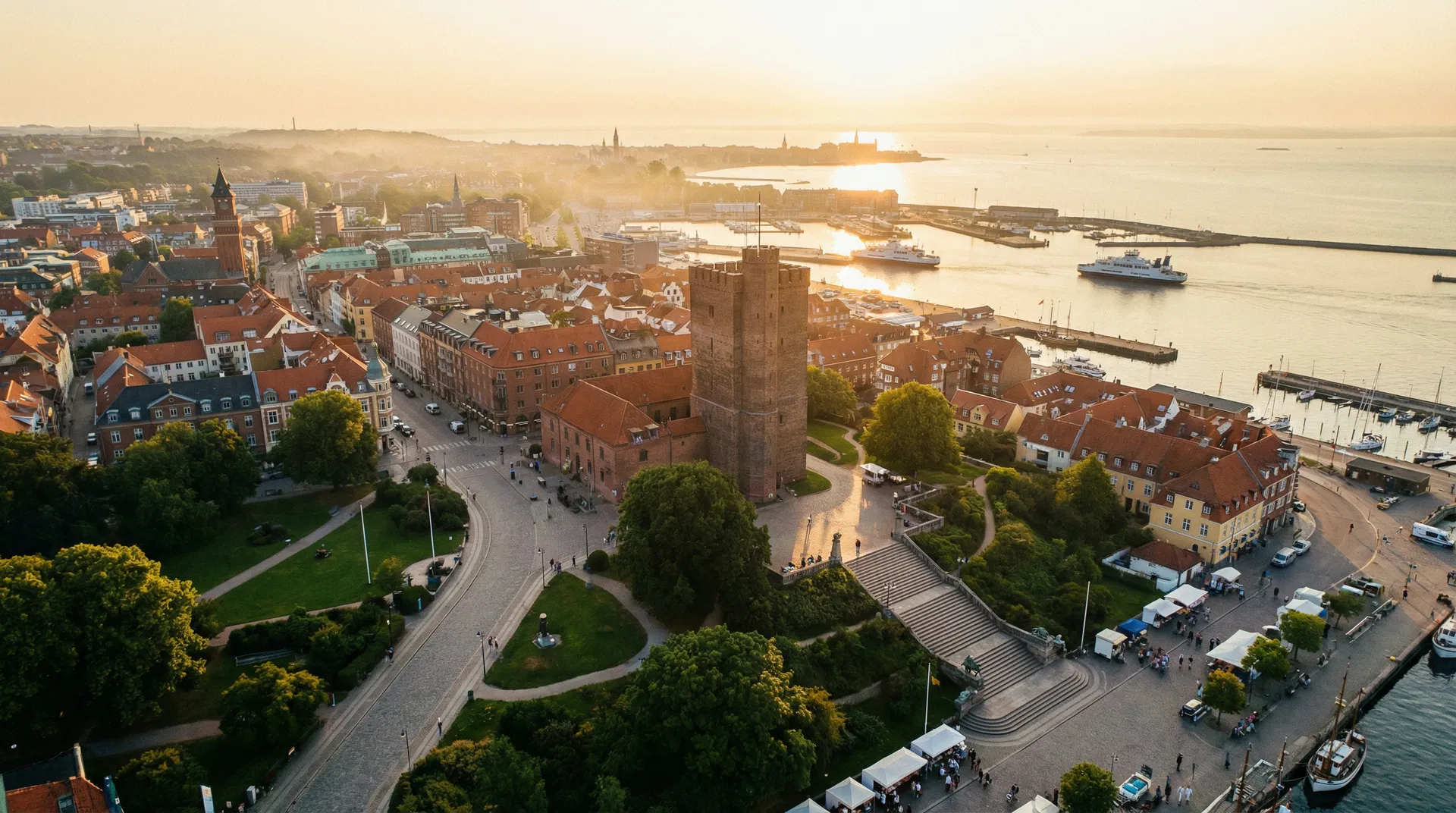 Helsingborg stadskärna vid solnedgång