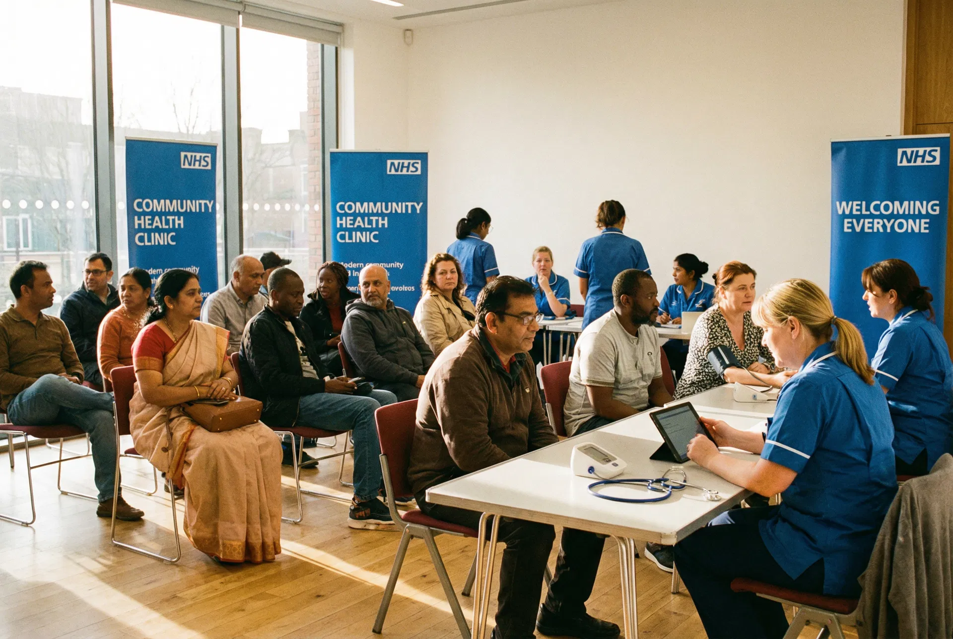 Community pop-up health clinic in Barking and Dagenham with diverse patients and NHS staff