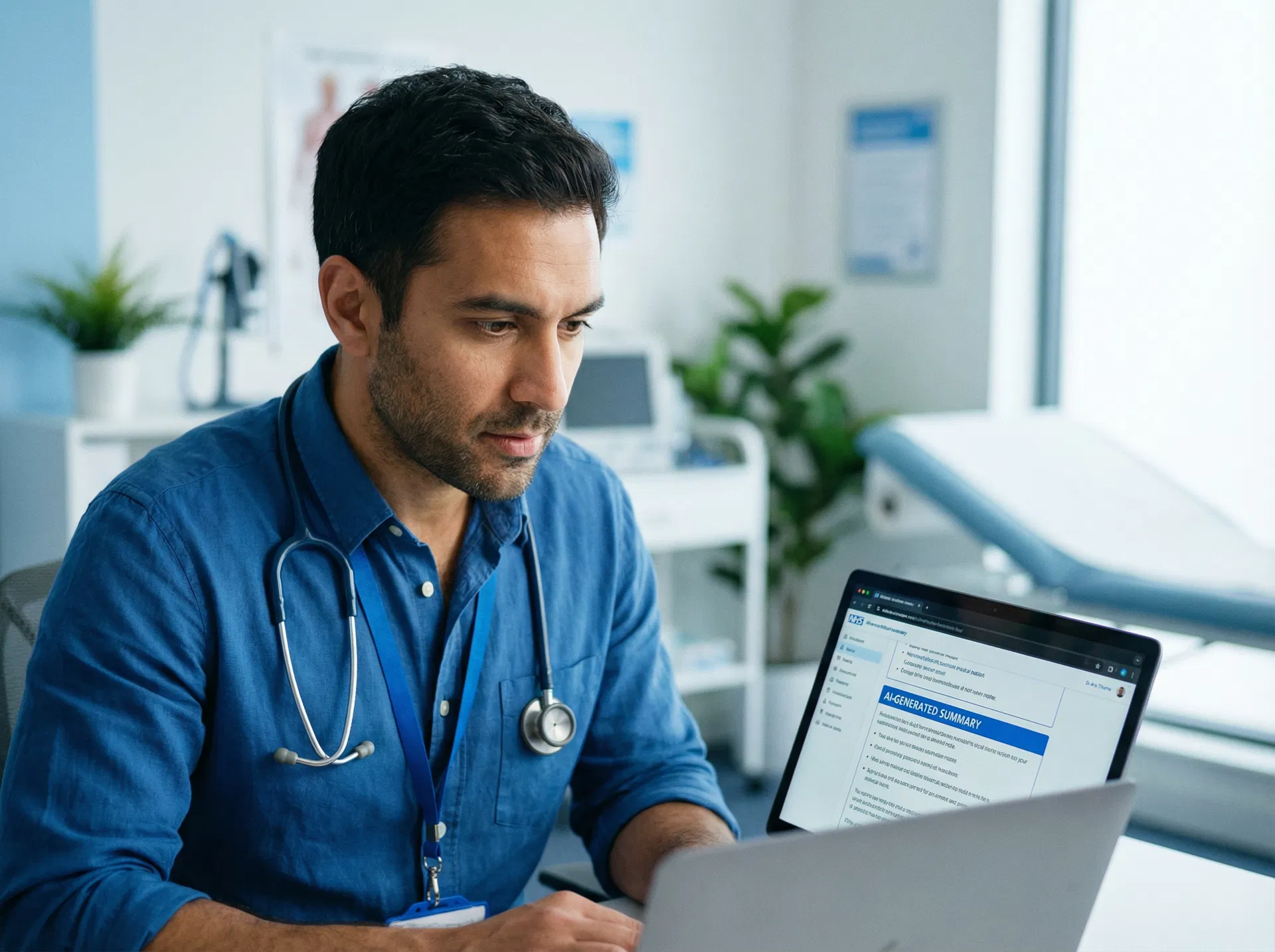 GP reviewing AI-generated consultation summary on laptop