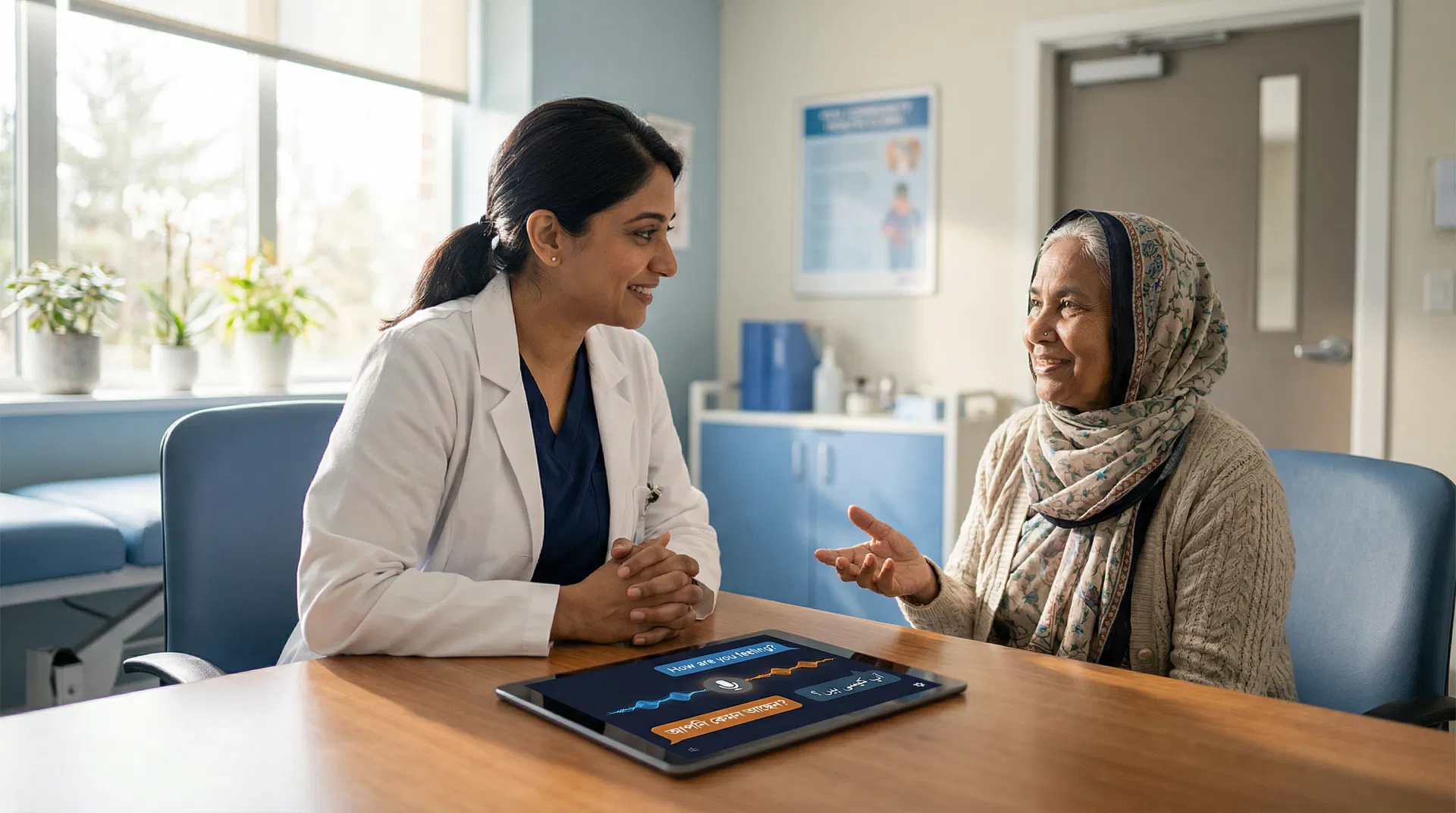 Doctor and patient in consultation with AI translation tablet