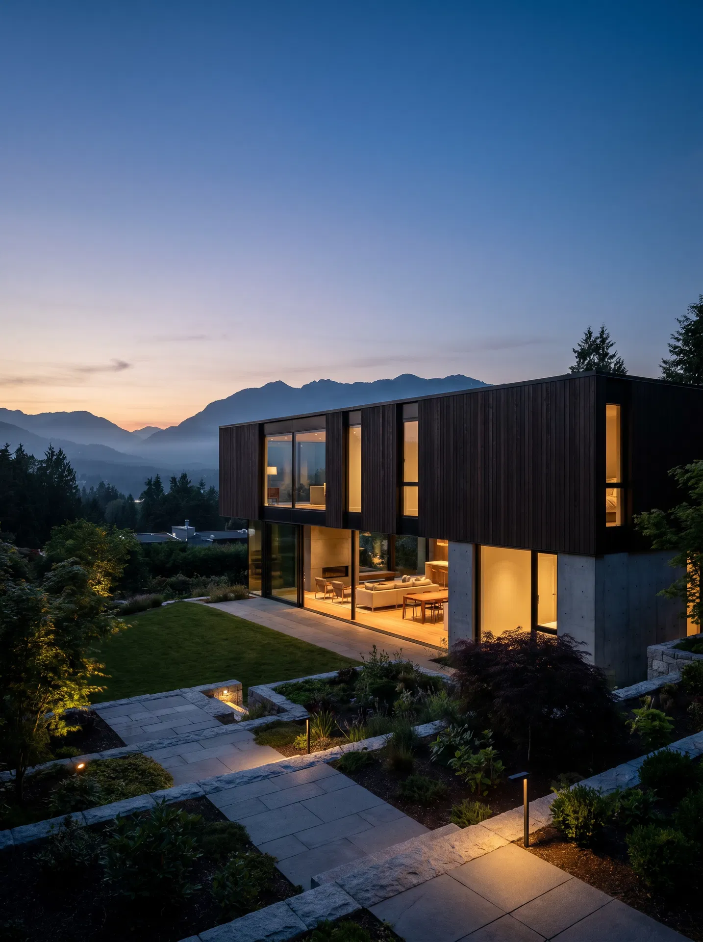Modern BC property with North Shore mountain backdrop at dusk