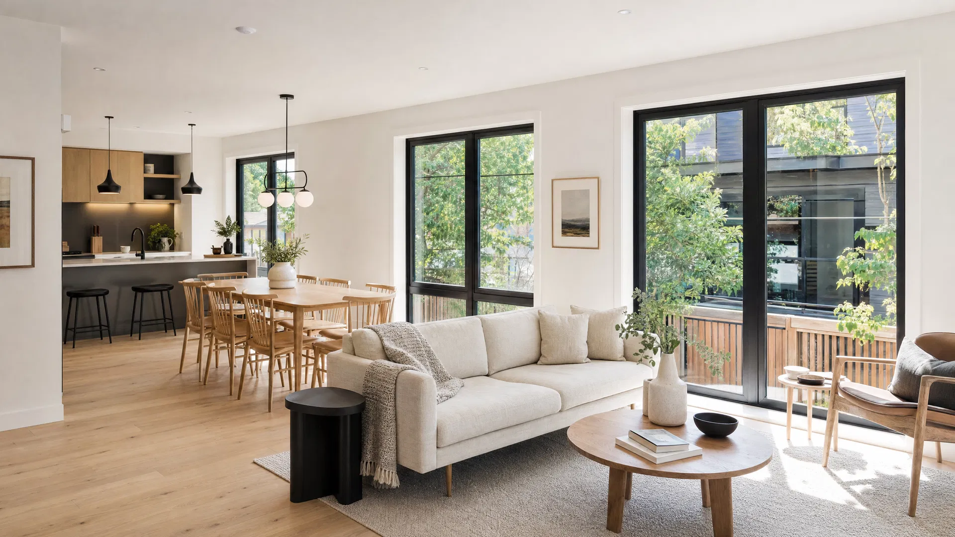 Interior of a 3-bedroom unit: open-plan living and dining with West Coast contemporary finishes